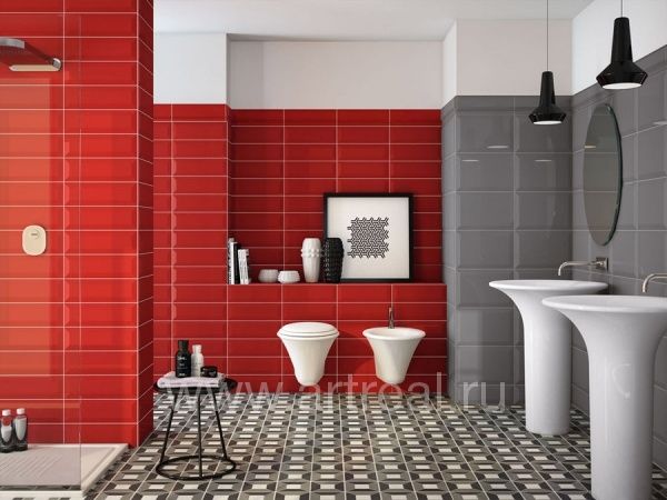Керамическая плитка Oxford в ванной в цвете Rojo и Gris.