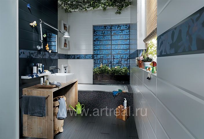 Интерьер плитки Fap Futura выполненный в цвете Riflesso Gesso/Petrolio Mosaico MIX 6.