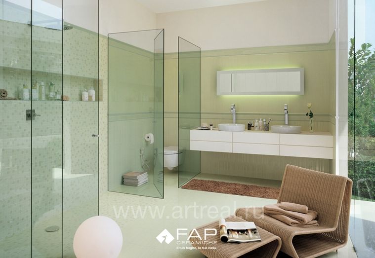 Ванная комната отделанная плиткой фабрики Fap коллекции For love цвета Base Verde.