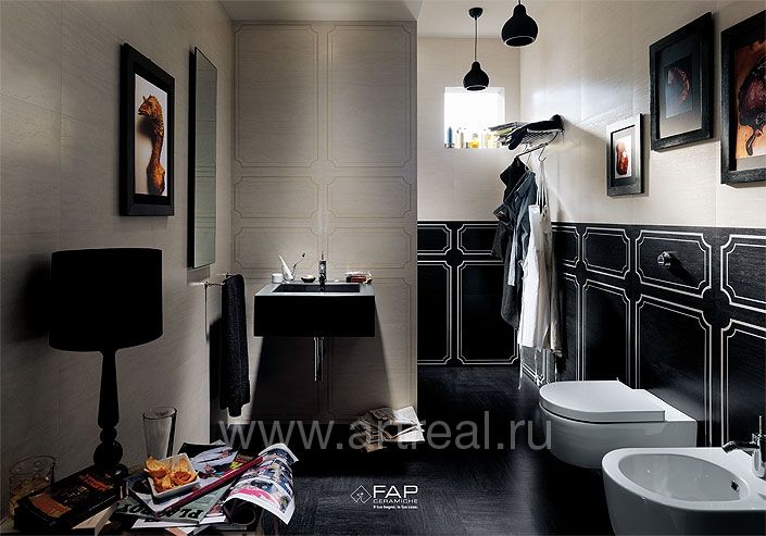 Ванная комната отделанная плиткой Fap Infinita цвета Boiserie Perla Inserto Mix/Boiserie Nero Inserto Mix.