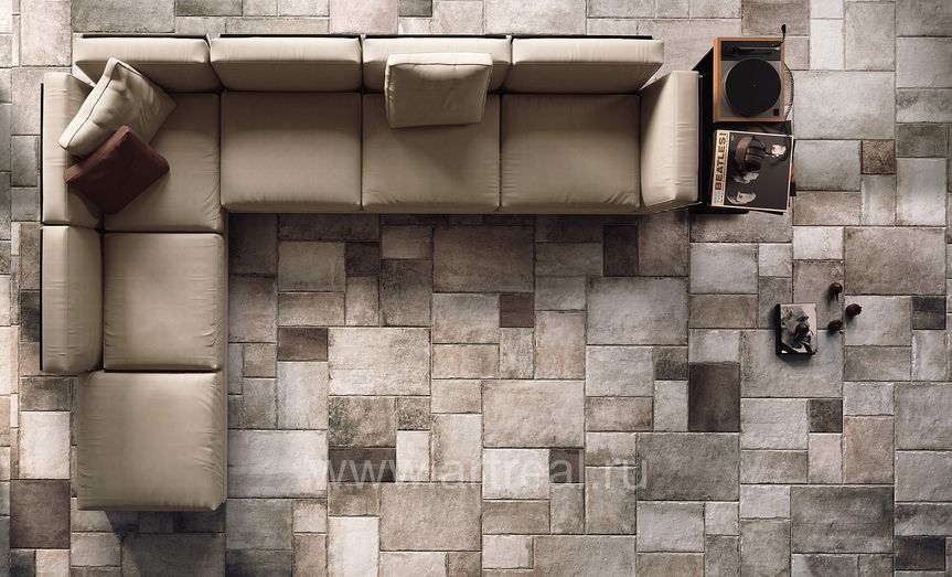 Пол в облицовке керамогранитом Native от Ceramica Sant Agostino. Модульный способ укладки.